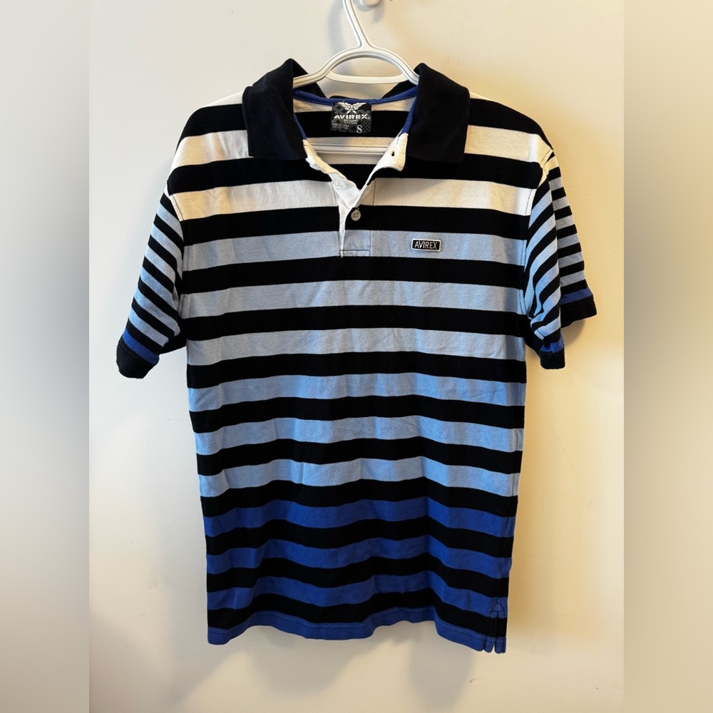 Vintage Avirex Men's Striped Polo Shirt - Black and Blue